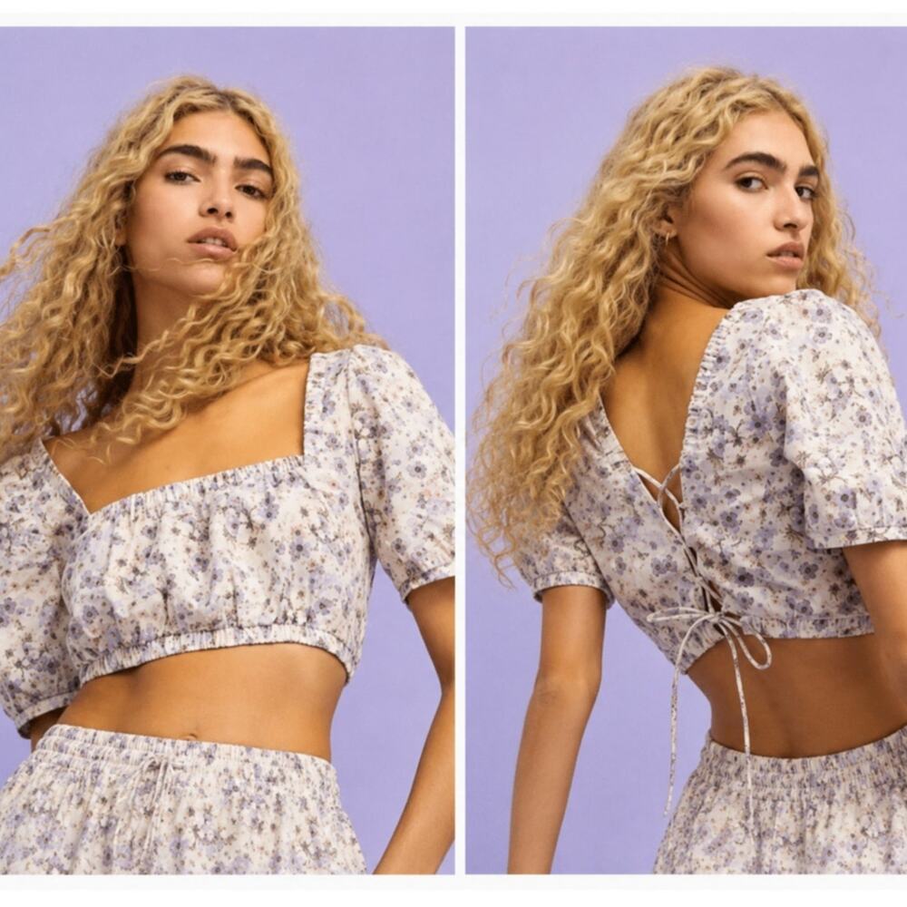 H&M Linen Blend Floral Crop Top XL Lavender Puff Sleeve Cottagecore Tie Back